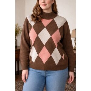 Vintage Argyle Sweater Brown Pink Academia Preppy Cozy Retro Small